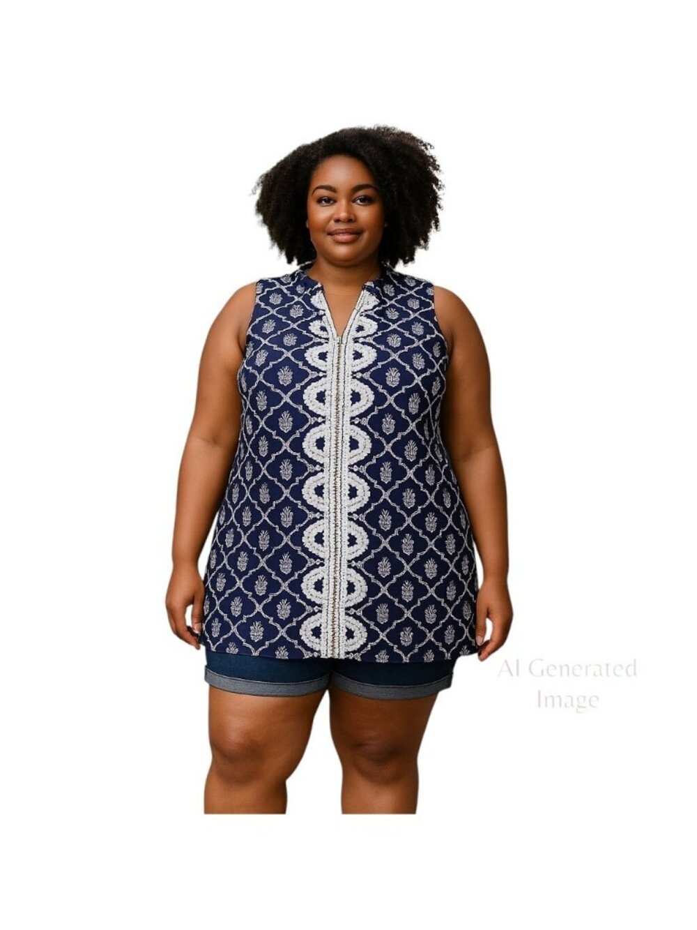 Crown & Ivy Blue White Pineapples Front Lace Sleeveless V-Neck Short Dress Sz L